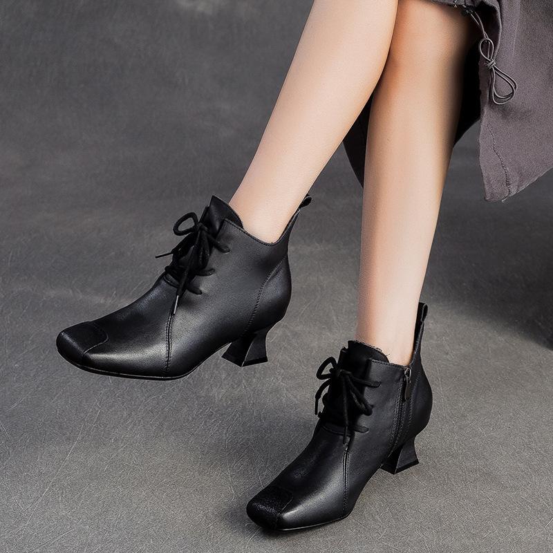 GKTINOO Women Genuine Leather High Heels Autumn Winter Ankle Boots Square Toe Zipper Elegant Short Boots Women's Shoes