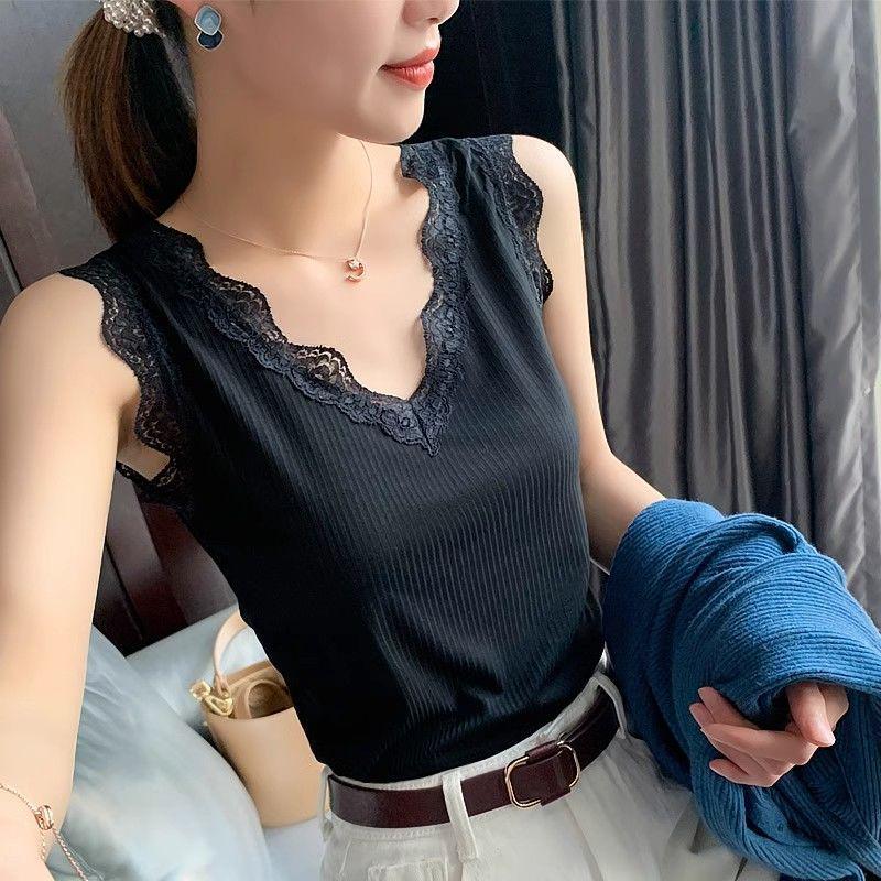 Plus Size V-neck Knit Lace Camisole - Sleeveless Pure Color Base Layer for Women