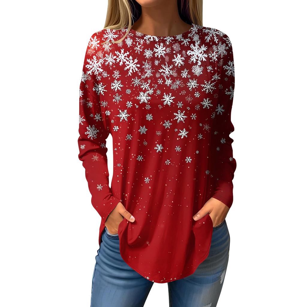 Women's Loose Round Neck Christmas Print Long Sleeve T-Shirt Top Pullover