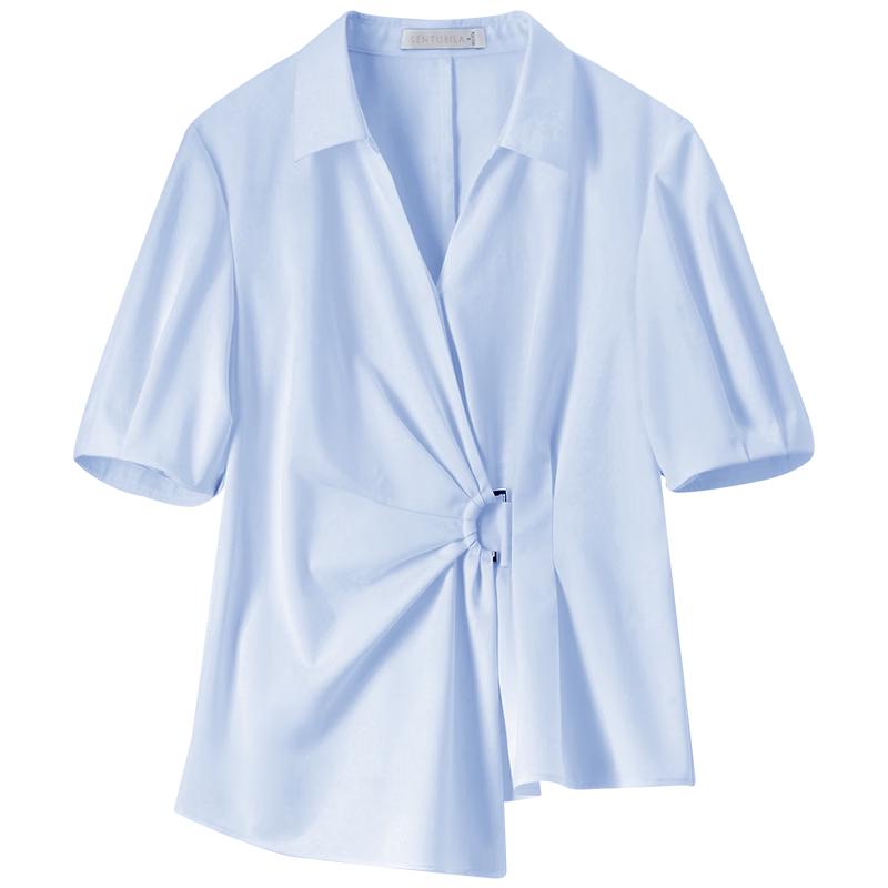 Elegant V-Neck Pleated Lantern Sleeve Blouse M