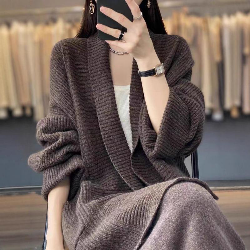 Autumn and Winter New Lapel Medium and Long Loose Cardigan Women's Solid Color Gentle and Lazy Knitted Sweater Jacket