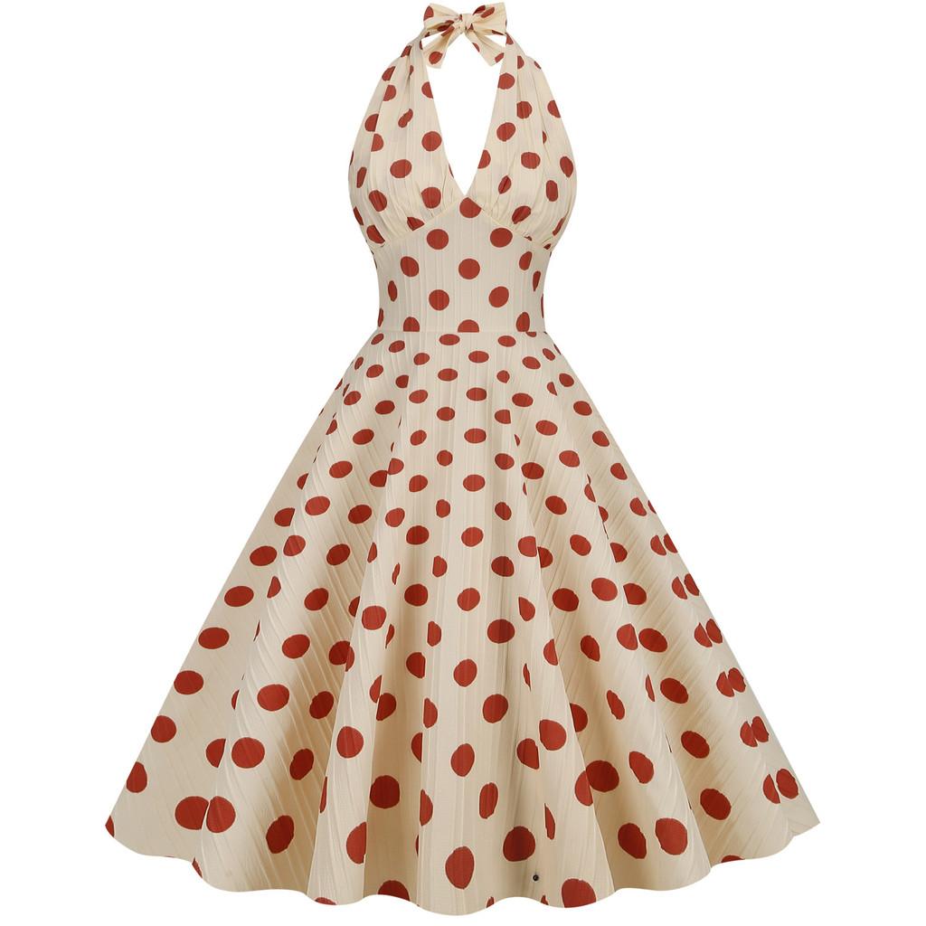 Vintage Polka Dot High Waist Dress With Backless Design For Elegant Summer Events