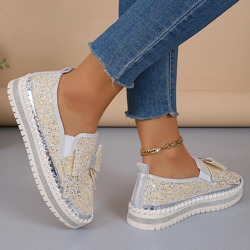 Fashion Women's Gold Silver Bowtie Sequin Flats Shiny Crystal Thick Sole Platform Loafers Ladies Light Comfort Non Slip Casual Shoes