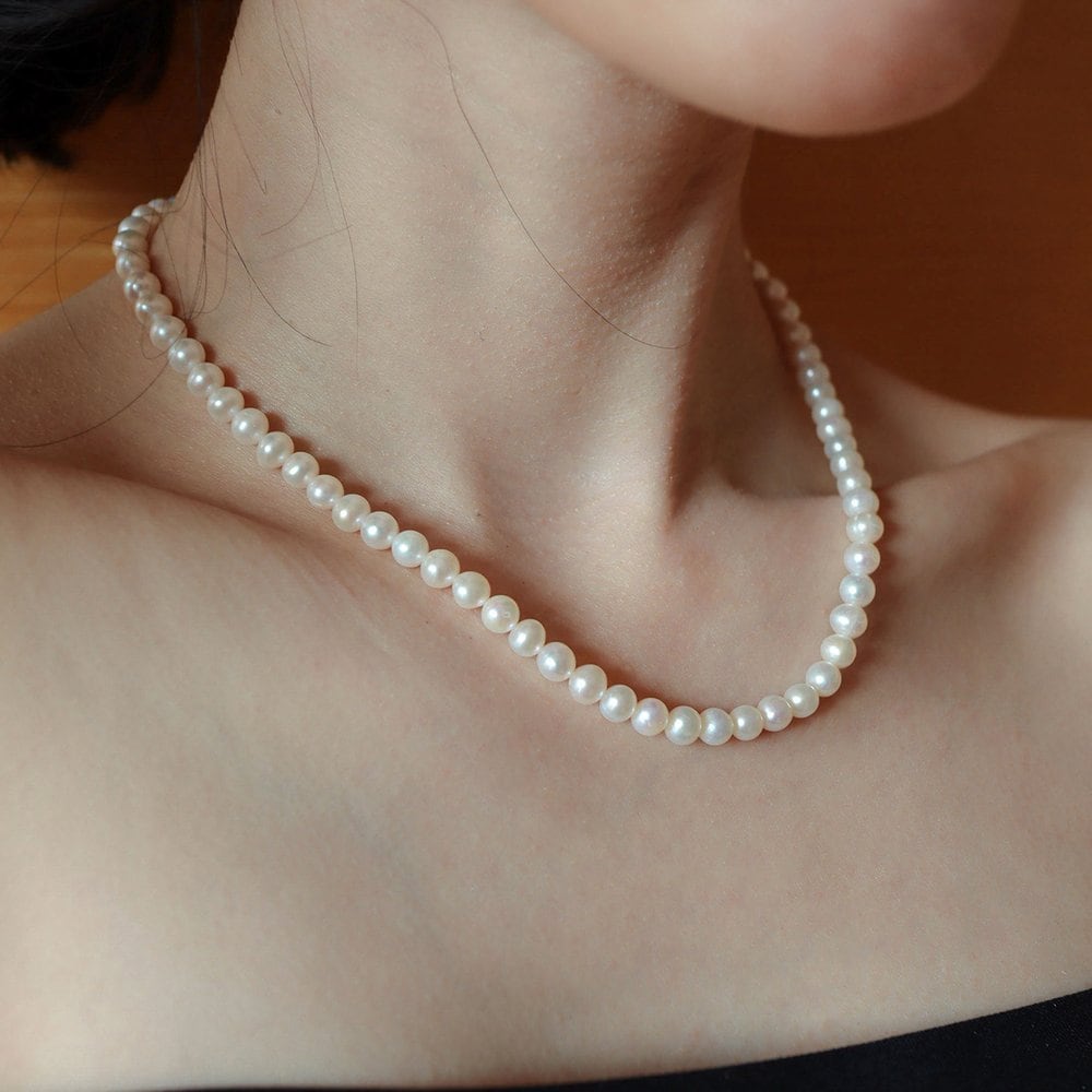 [Modernlike] Silver 925 Vintage Layered Natural Freshwater Pearl Necklace 6mm 42cm