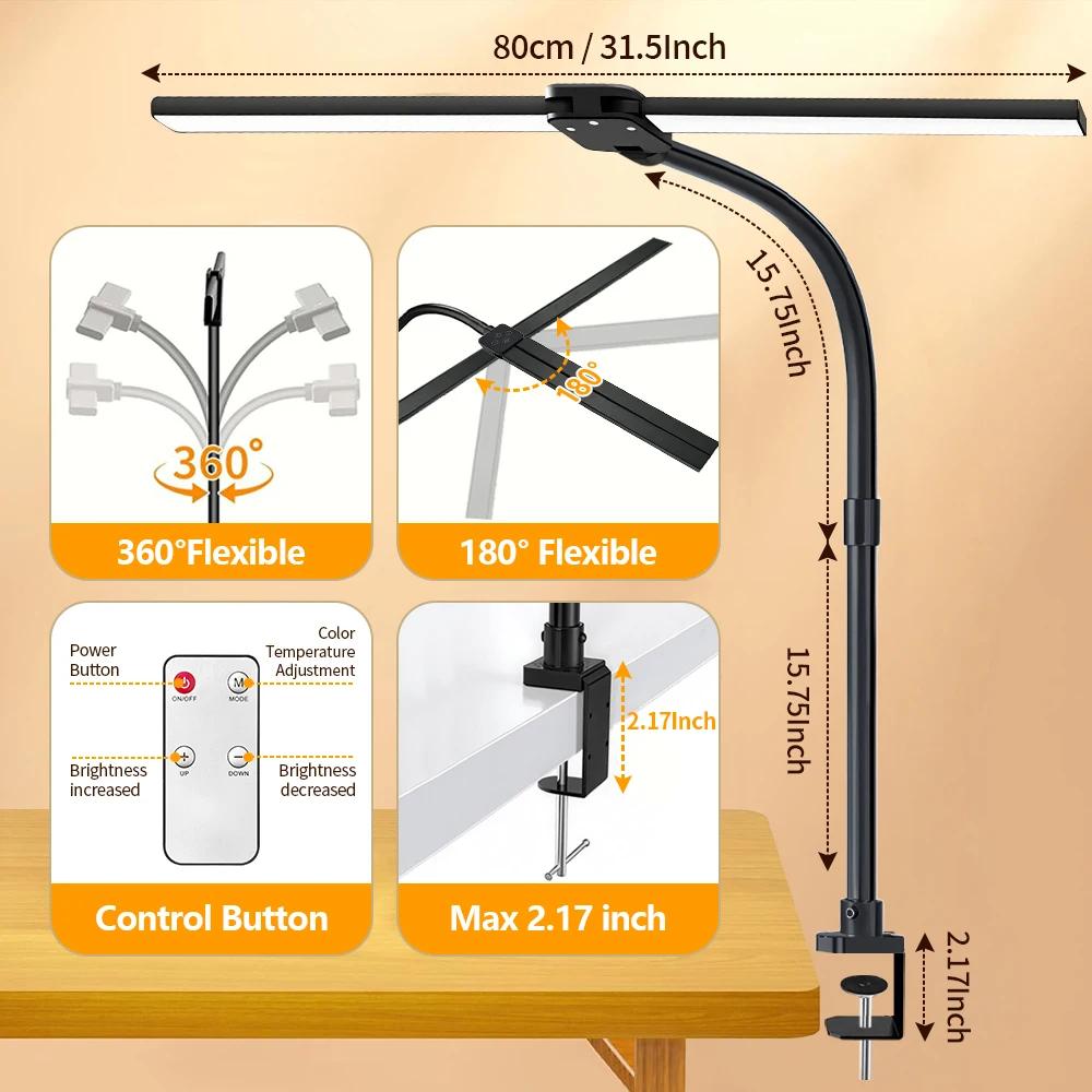 24W Ultra Bright Double Head LED Desk Lamp Eye-Caring Reading Light with Remote Control 5 Color Temperature Settings 10 Level