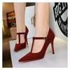 Fashion New Arrival Women's Pointed Toe High Heels Sexy Stiletto Red Sole Suede T-Strap Shallow Mouth Elegant Single Shoes