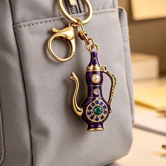 Pitcher Key Ring Retro Teapot Keychain with Rhinestones, Ethnic Style Decorative Backpack Accessory Ring, Pendant for Handbags Backpacks Car Keys Pot