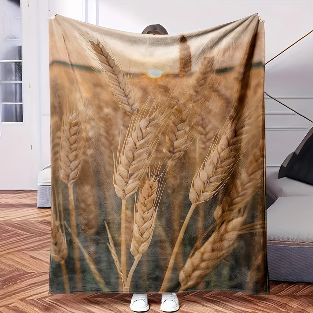 A Field of Wheat with Sun Setting In Background.-Themed Blanket - Comfortable Flannel Fabric Hypoallergenic Suitable for All Seaso