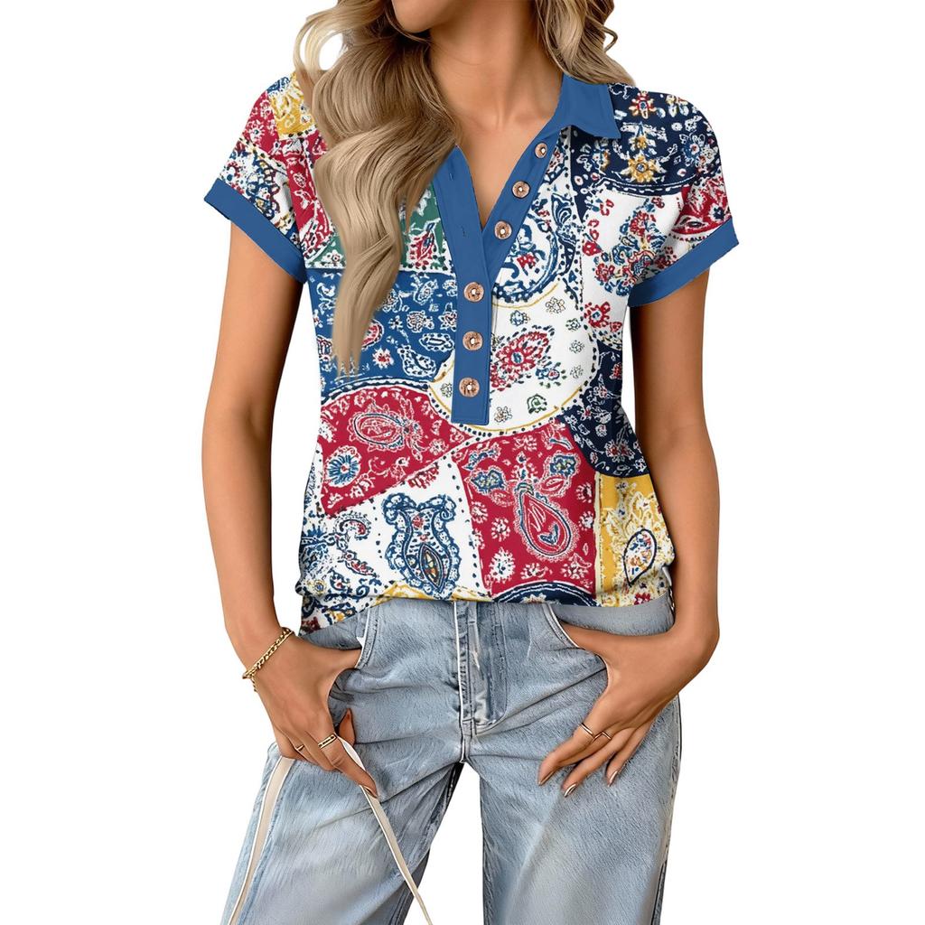 Damen modisches und lässiges Sommer V-Ausschnitt Patchwork Kurzarm Top mit floralem Druck