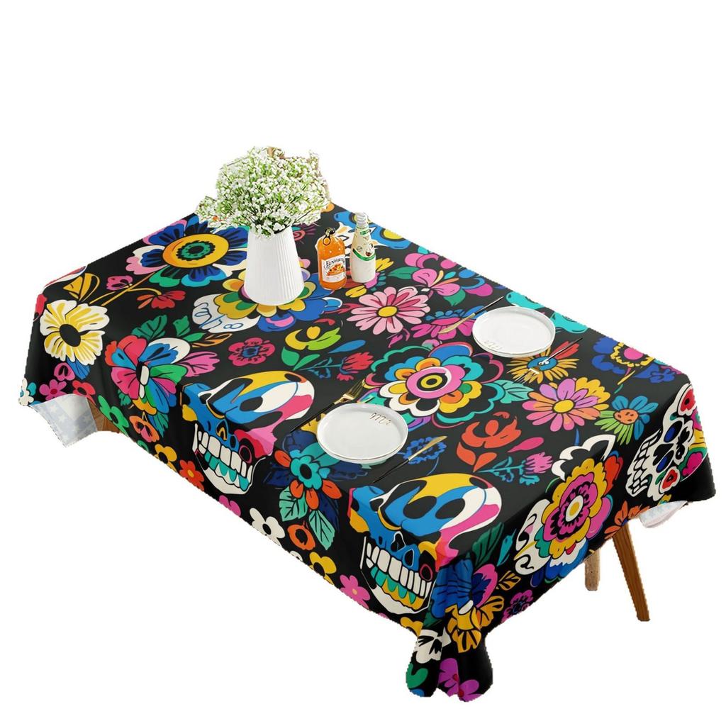 New Dining Table Cloth Tablecloth Waterproof Skull Flower Rectangular High-end Decorative Tablecloth Beach