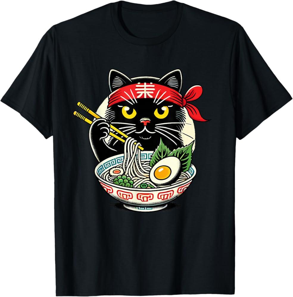 Round Cute Cat Smoke Hot Lamian Noodles Cartoon Printed T-shirt Vintage Pure Cotton Personality Short Sleeve for Men and Women