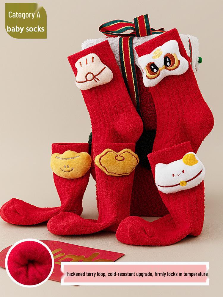 Velvet Lined Warm Red Horse Year Socks for Baby's First Birthday