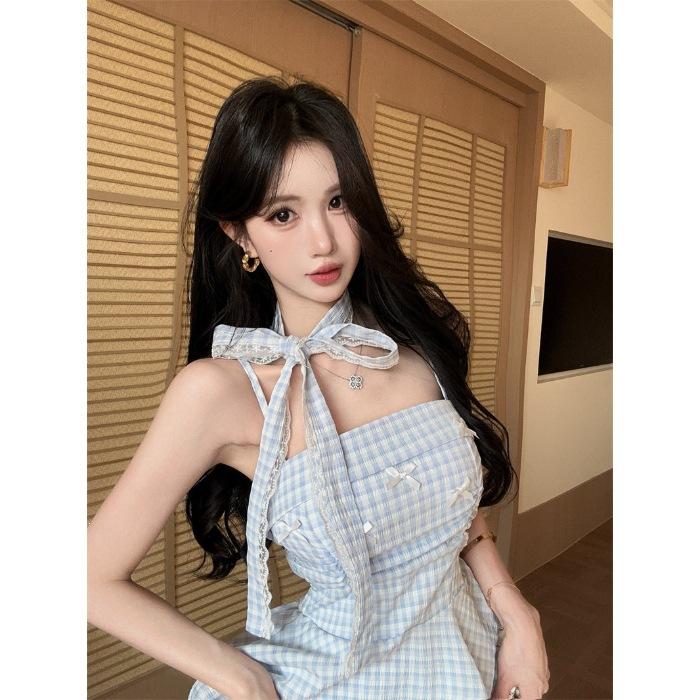 

French sweet suspender skirt pure desire summer new bow neck waist fluffy plaid princess skirt 2XL синій