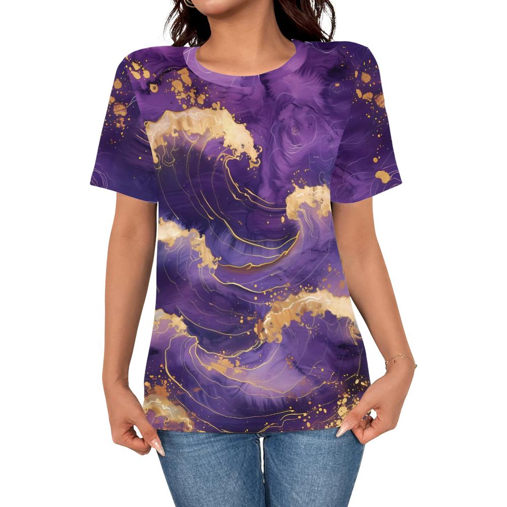 Summer Women s Elegant Personalized Purple Wave 3D Printed Top T-shirt Women s Casual Fashion Short Sleeve Top S