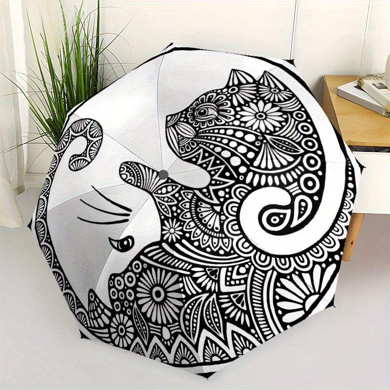 1pc Cat Mandala Art Automatic Open/Close Umbrella, Umbrella with Cartoon Design, Portable Compact Umbrella for Men & Women, Good Holiday Gif