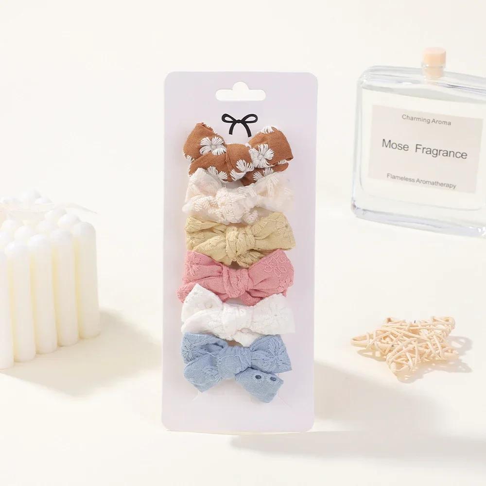 6pcs/set Mini Bow Baby Solid Bowknot Hair Clips Girl Cotton Print Hollow Hairpin Children Sweet Hairgripe Kids Hair Accessories