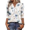 Women's Fashionable Casual Retro Floral V,Neck Decorative Button Three,Quarter Sleeve T,Shirt Top