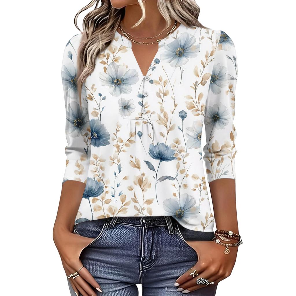 Women's Fashionable Casual Retro Floral V,Neck Decorative Button Three,Quarter Sleeve T,Shirt Top