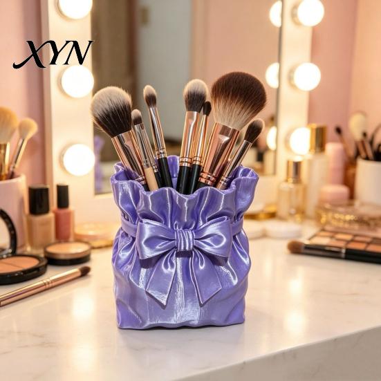 Bow Makeup Brush Holder Satin Bag Holder, 3D Printed Beauty Tool Organizer for Desk, Large Bowknot Pouch Pencil Storage Container Powder