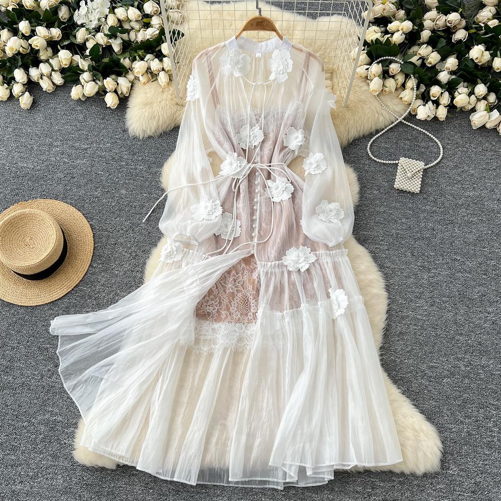 French Fairy Vacation Dress Female Autumn Three-dimensional Flower Strap Single-breasted Mesh Skirt + Suspender Skirt