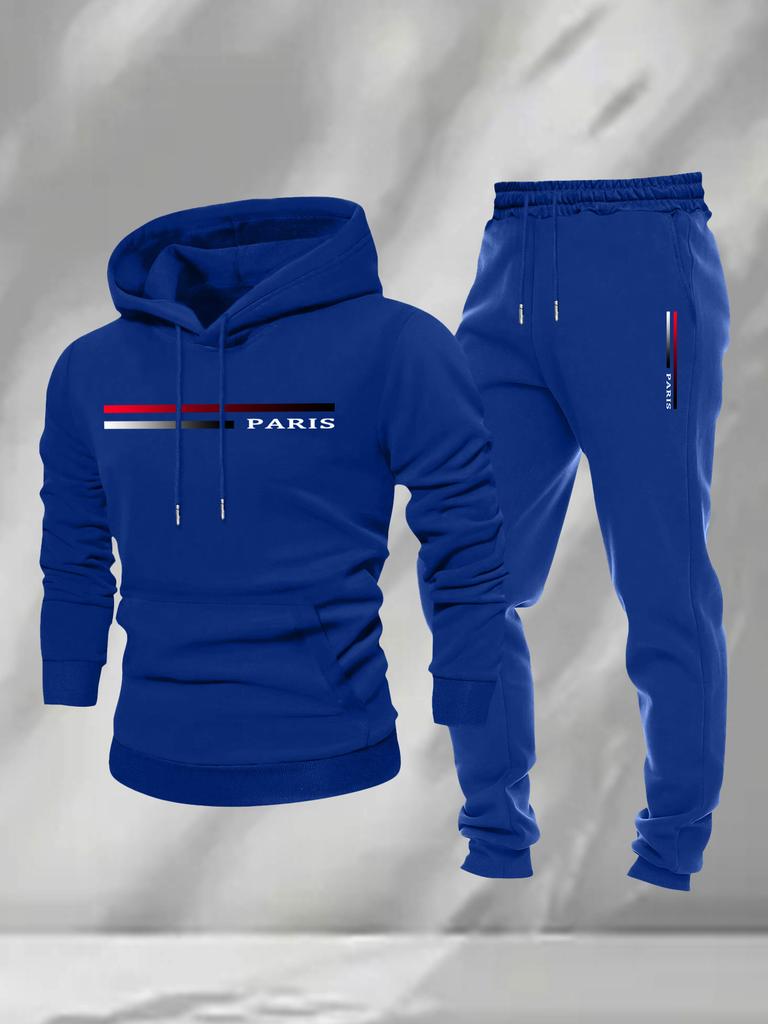 Contrast color gradual change horizontal bar PARIS letter hooded sweater leggings suit men's casual two-piece set