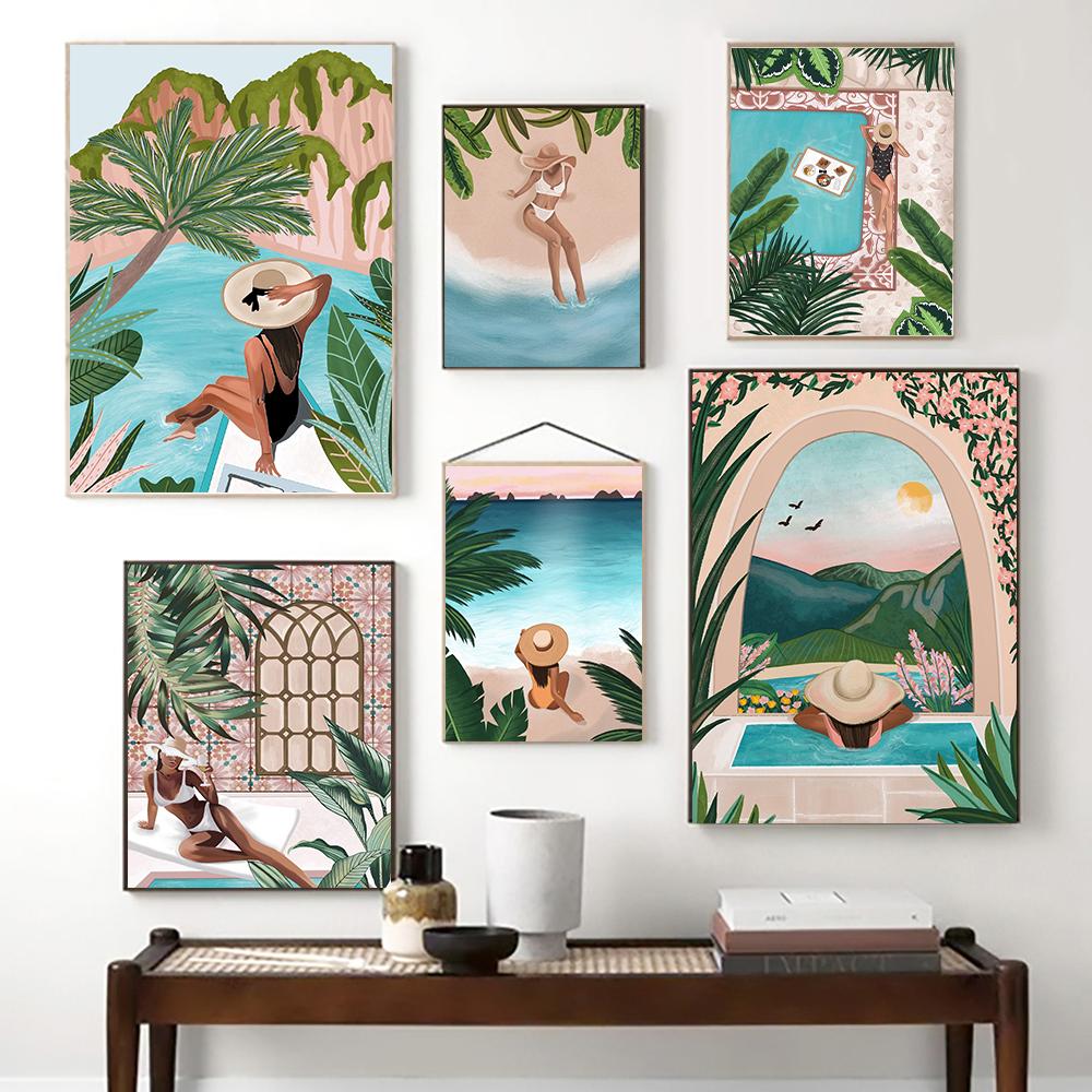 Morocco Travel Posters Botanical Canvas Painting Tropical Jungle Art Prints Beach Ocean Swim Wall Pictures For Living Room Decor