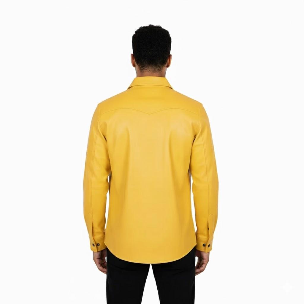 Leather Men Shirt Real Lambskin Handmade Stylish Yellow Casual Biker Motorcycle