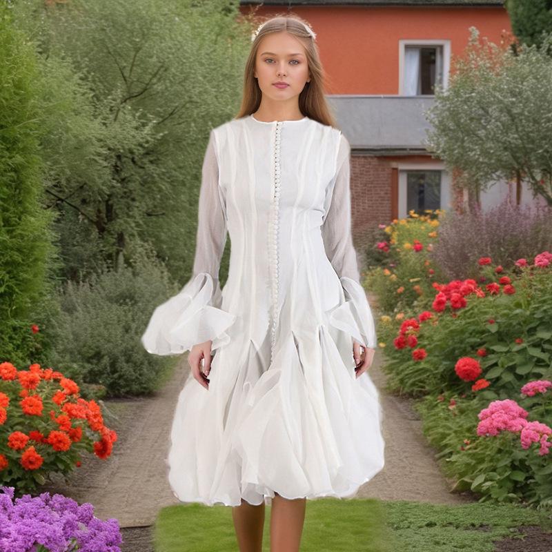 2025 Summer Women's Ruffle Design Waist-Slimming Flared Sleeve Dress