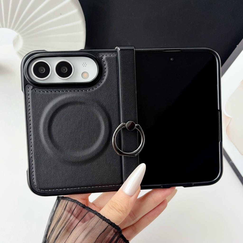 Plain Leather Business Magnetic Phone Case For iPhone Duo 18 With Ring Buckle Multifunctional Protect Phone Cover For Magsafe