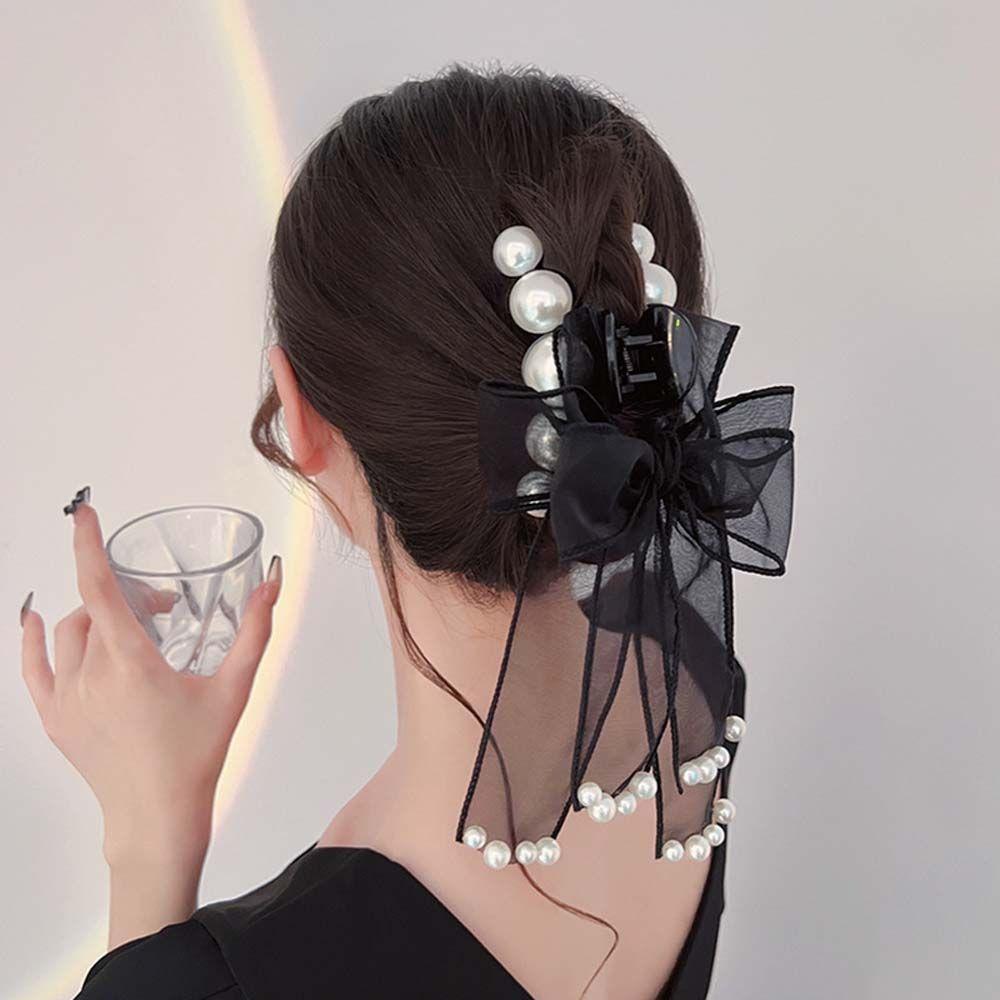 

Sweet Fashion Big Pearl Beige Black Hair Claws Barrettes Bow Hair Clips Hair Ornaments