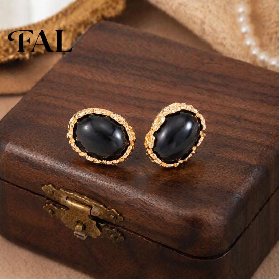 Daily Wear Gold Tone Jewelry 1 Pair Vintage Oval Stud Earrings for Women, Retro Statement Elegant Resin Gemstone Earrings, Frame Chunky Stone