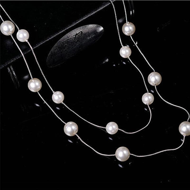 New Elegant Long Double Layer Simulated Pearl Necklace Women Sweater Chain Female Collares Statement Jewlery Accesories