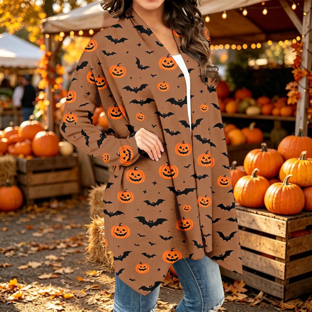 Women's Long Sleeve Cardigan with Halloween Print for Casual Everyday Wear