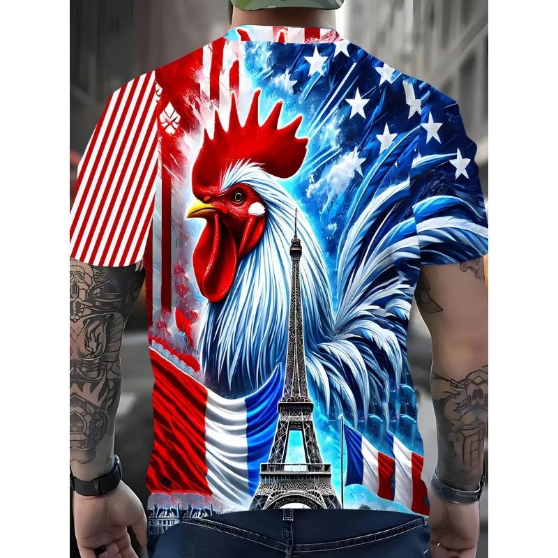 Men's 3D Rooster Printed T-shirt Humorous Digital Printed Short Sleeved T-shirt Breathable Polyester Round Neck Casual