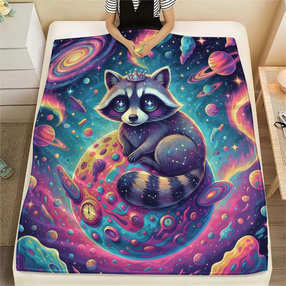 1Pc Planet Animals Print Flannel Blanket, High quality Comfortable for All Seasons, Home Decor, Warmth and Comfort, Perfect for Christmas Gifts