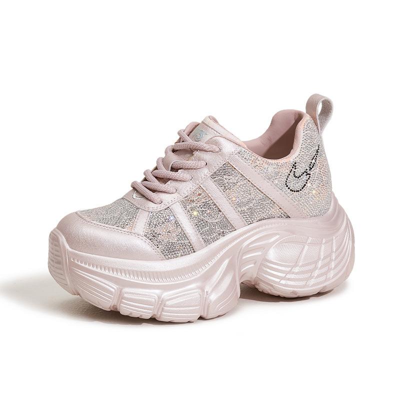 Thick-soled Rhinestone Dad Shoes Women's 2025 Summer New Inner Height-increasing Women's Shoes Breathable Mesh Fashion Versatile Casual Shoes
