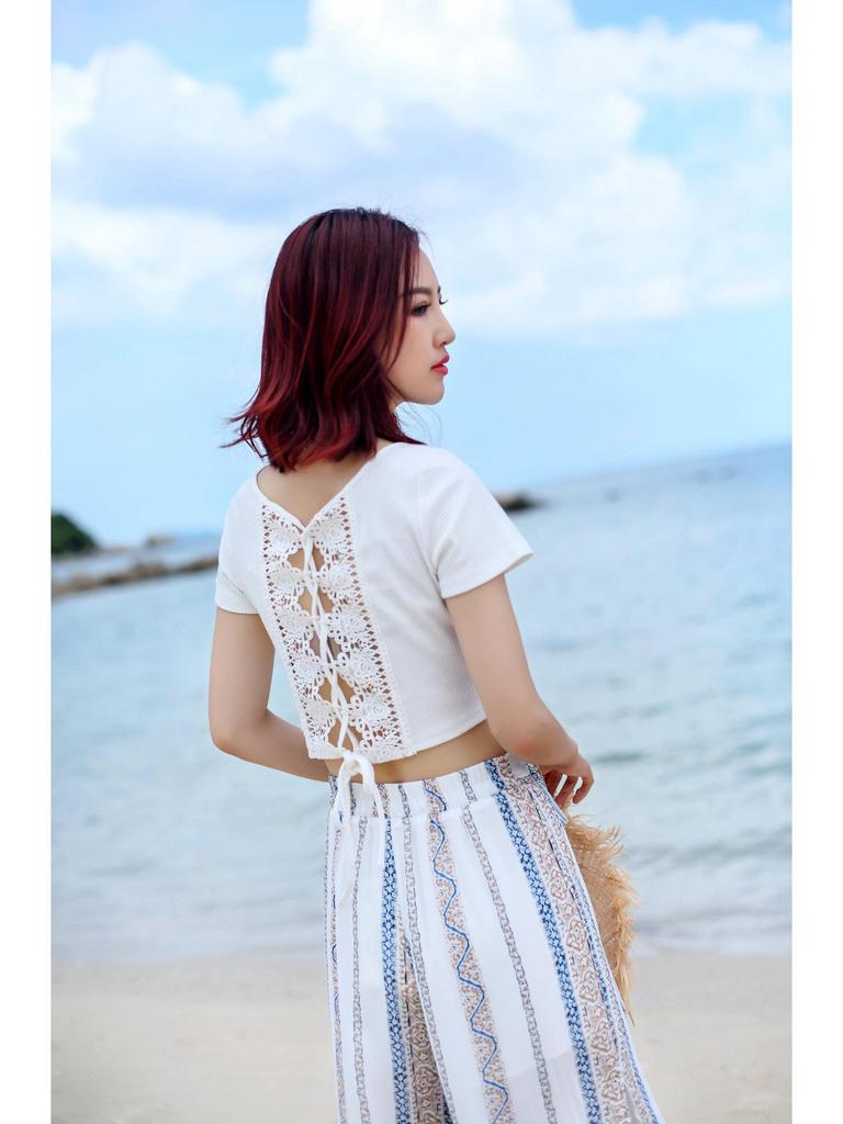 2023 Women's Summer Chiffon Wide-Leg Lace-Up High Waist Slit Pants with Lace Patchwork (F294)