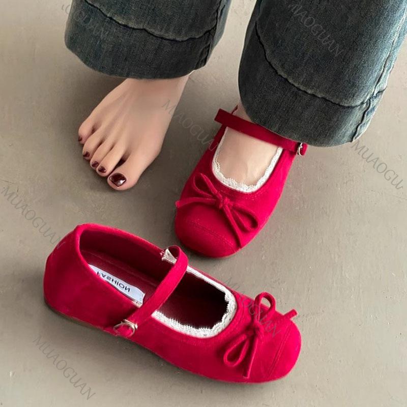 Fashion Spring Summer Inner Heighten Bow Shallow Lace Side Flats Casual Solid Belt Buckle Suede Soft Sole Eelgant Dress Ballet Shoes