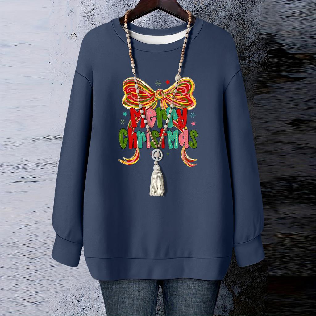 Ladies' Christmas Printed Round Neck Long Sleeved T-shirt Sweatshirt Top
