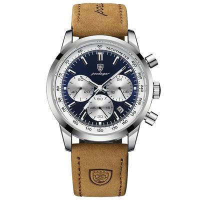 POEDAGAR Men's Quartz Chronograph Watch, Stylish, Perfect for School or Student Use, Silver and Navy, Leather [Parallel Import]