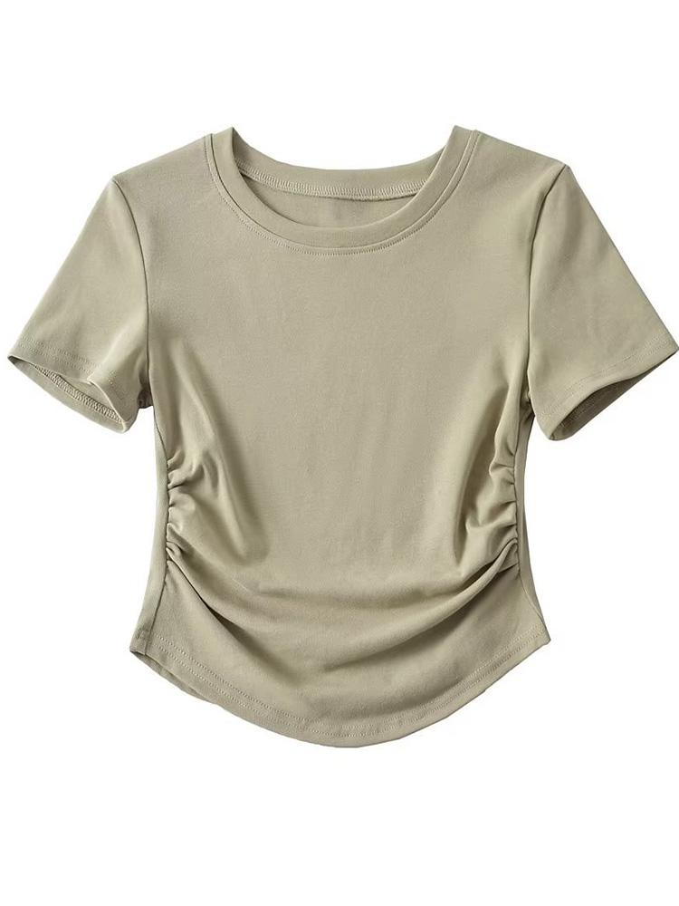 2024 Harajuku Dámské bavlněné tričko s krátkým rukávem a kulatým výstřihem s detaily řasení po stranách