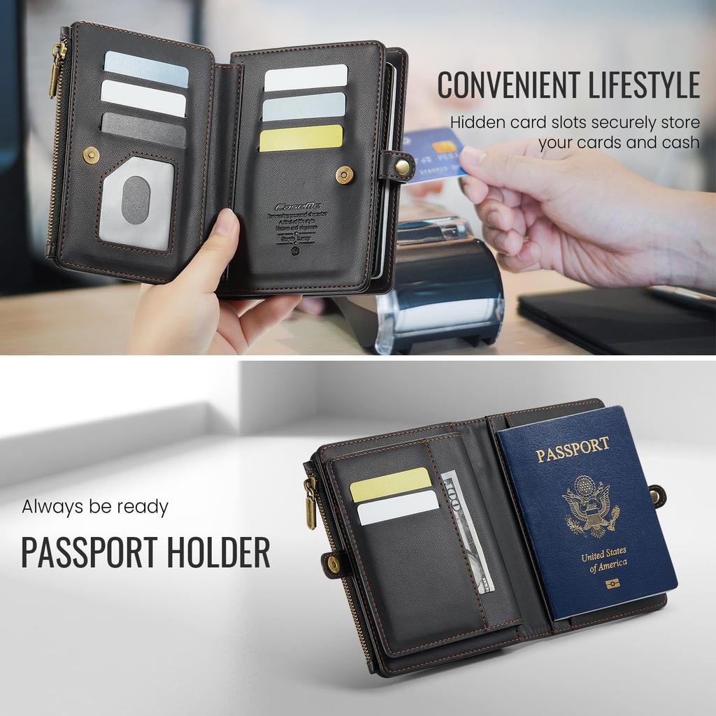 XIMAND Passport Holder Wallet Bag with 11 Card Passport Photo and RFID Blocking Wristlet Strap Black Slots, Pocket, Pocket, -