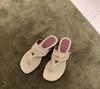 Leather Retro Metal Buckle Toe Flip-flops Shoes Women's Flat Summer Wear a Pedal Beach Sandals