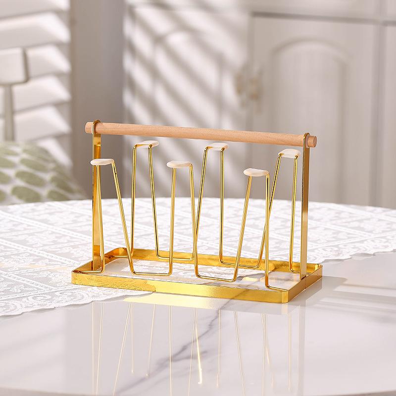6-Cup Glass Cup Drying Rack with Wooden Handle, Countertop Cup Organizer with Drip Tray for Kitchen & Bar