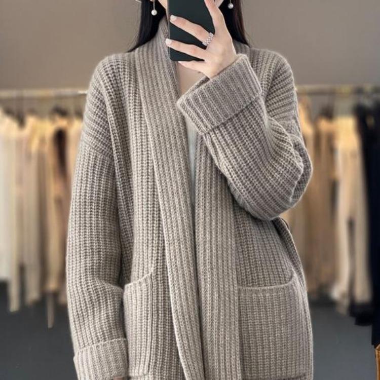 Warmer Weicher Damen Übergrößen Cardigan Pullover Winter Herbst Gestrickt Langarm Locker Dick Offener Stich Elastisches Revers Taschen