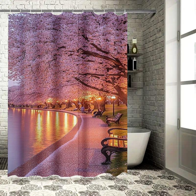 Cherry Blossom Path by the Lake Waterproof Shower Curtain Heat Resistant Machine Washable Non-Transparent 180x180cm