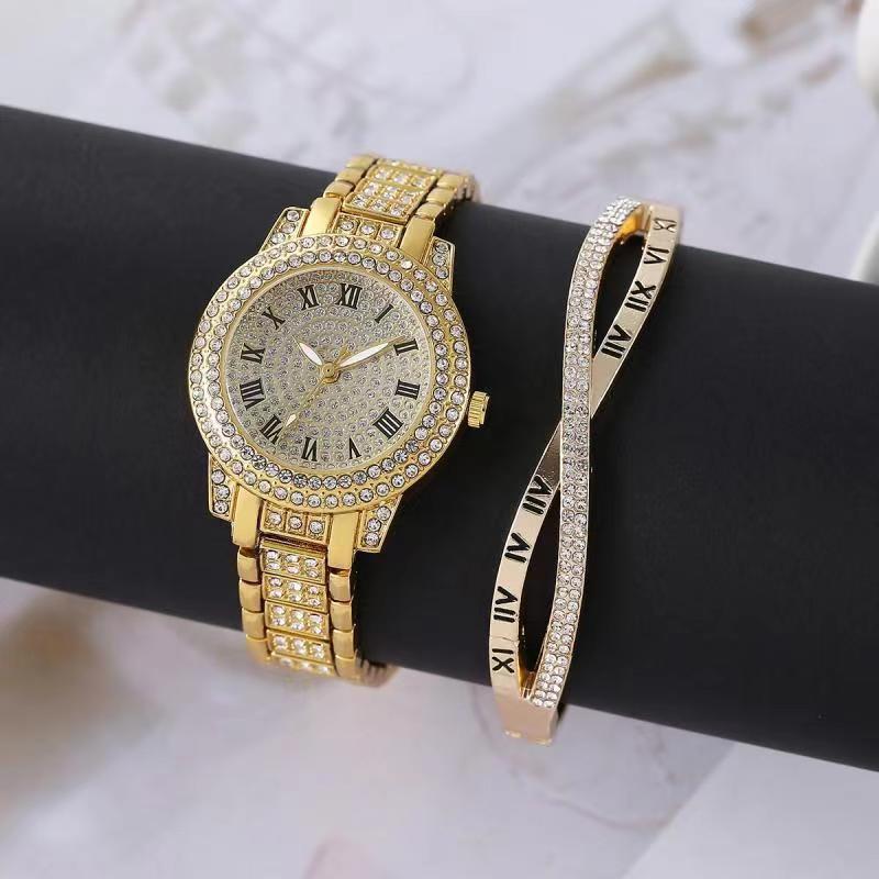 Full Diamond Roman Literary Steel Belt Watch Female Gypsy Temperament Business Quartz Watch Hip Hop Wind Full Diamond Bracelet Set