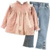 2pcs/set Baby Girls Cotton Cute Long  Sleeved  Sets Floral Shirt + Denim Flared Pants Suit Pullover