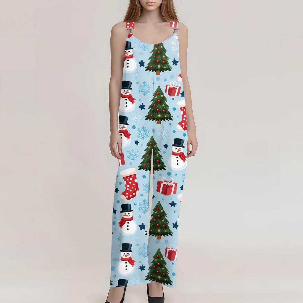 Women's Summer Suspender Jumpsuit with Retro Christmas Print and Non-Adjustable Straps