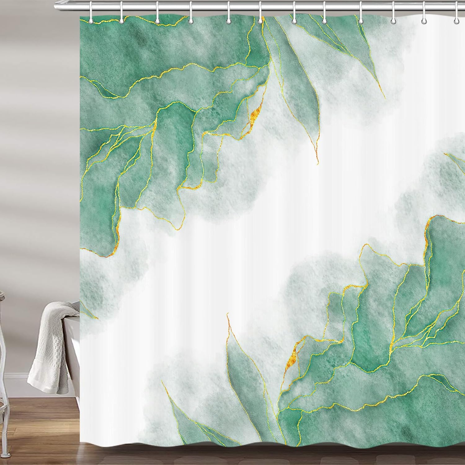 

Green And Gold Marble Shower Curtain - Emerald Sage Hunter Olive Modern Art Decor - Washable Fabric Curtain For Bathroom W60H190(CM)-1 Pcs